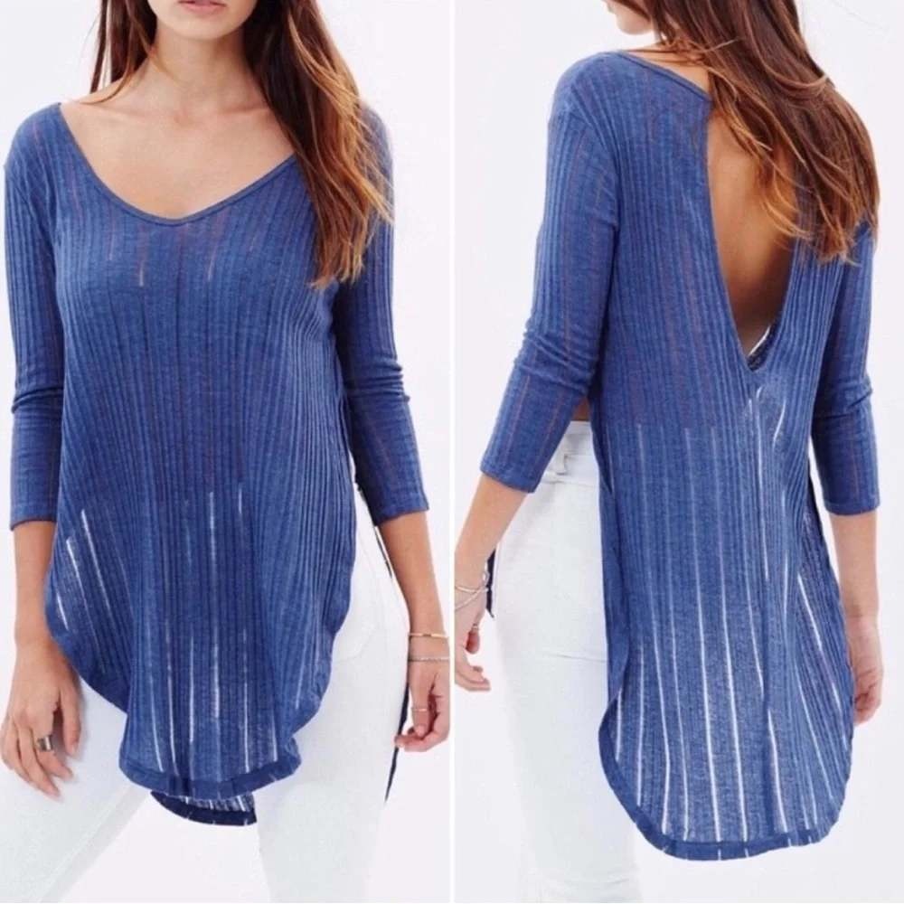 NWT Free People Tunic Top Women Large Blue Open Back Ribbed Boho Casual Layering